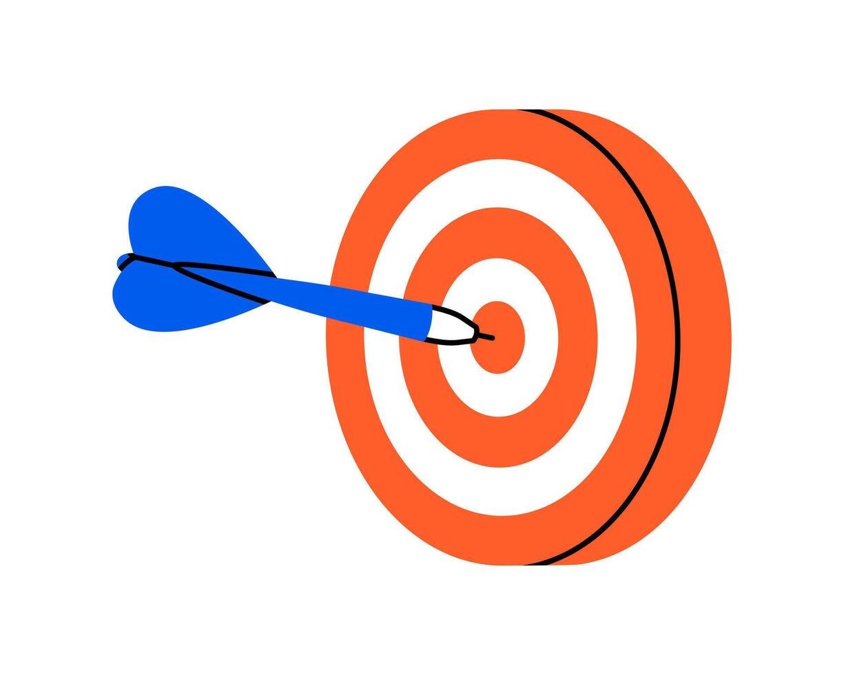 Hand drawn cute illustration of dart hit center of target. Flat hit the bull's eye in doodle style. Successful business strategy icon. Goal achievement. Find problem solution. Isolated on white vector