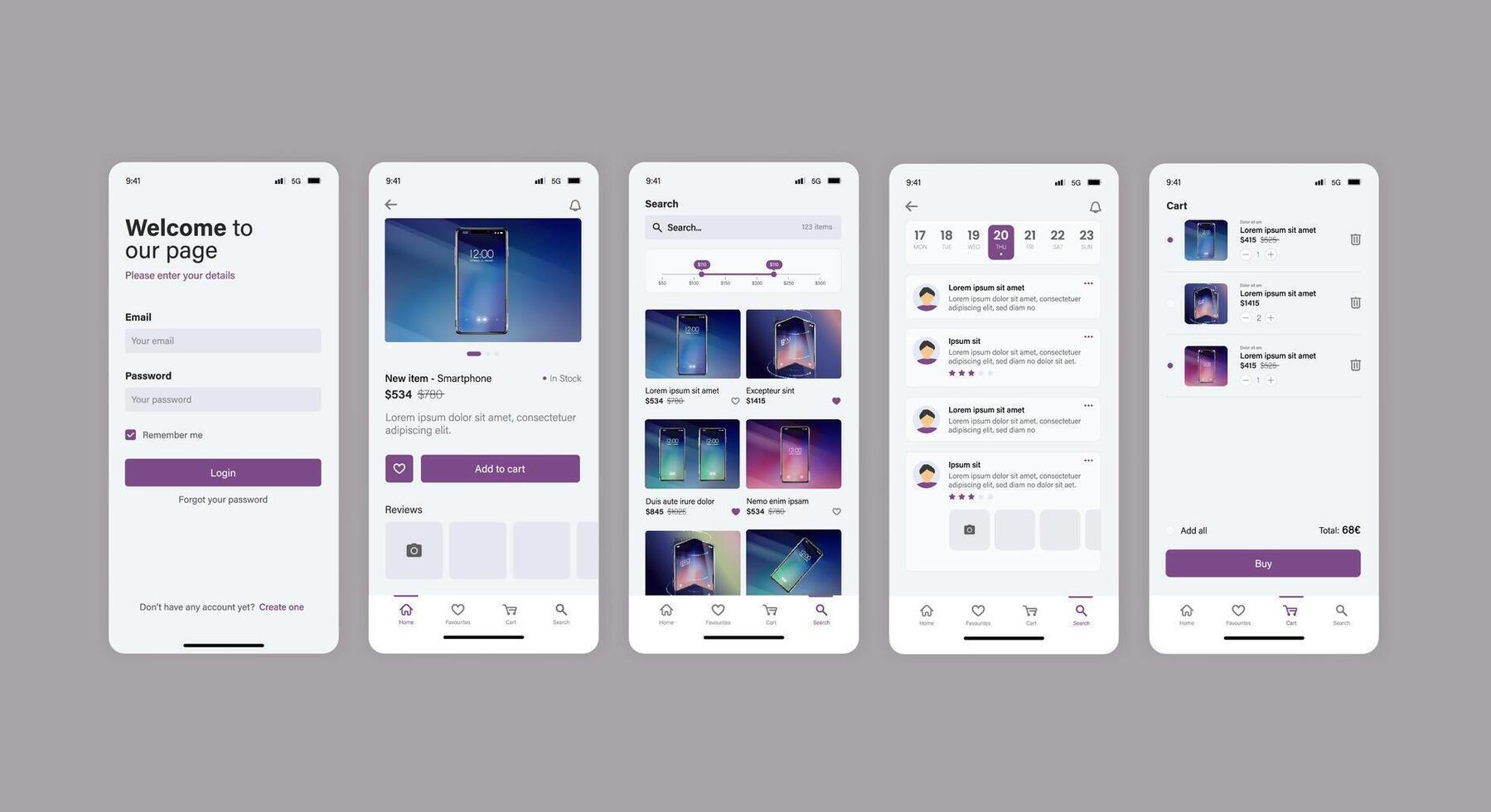 Smartphone UI app. Phone screens for shop application. Mobile interface with account login and shopping cart. Screenshots responsive website mockups. vector