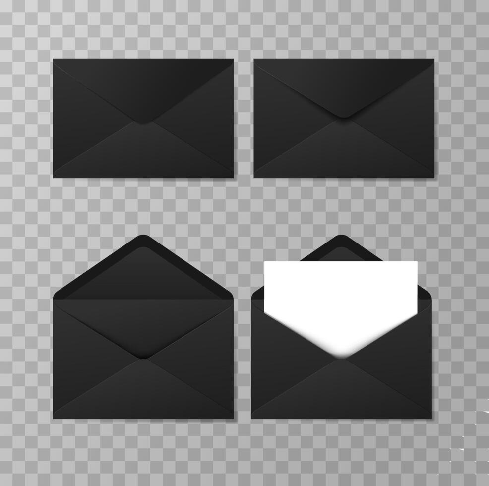 Set of realistic black envelopes in different positions. Folded and unfolded envelope backpack isolated vector