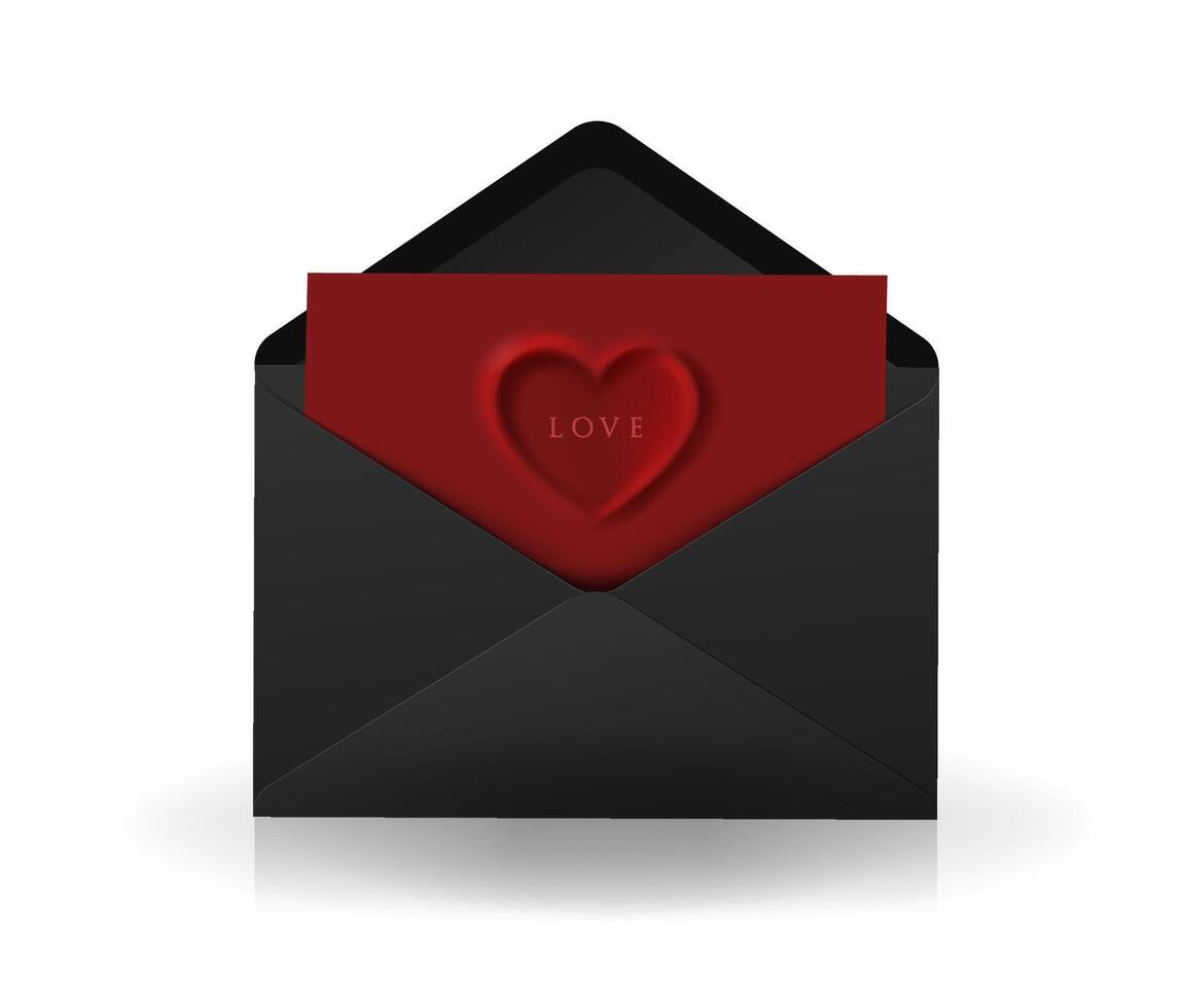 envelope. Open black envelope with love invitation card. Valentines invitation card design. Realistic backpack envelope. vector