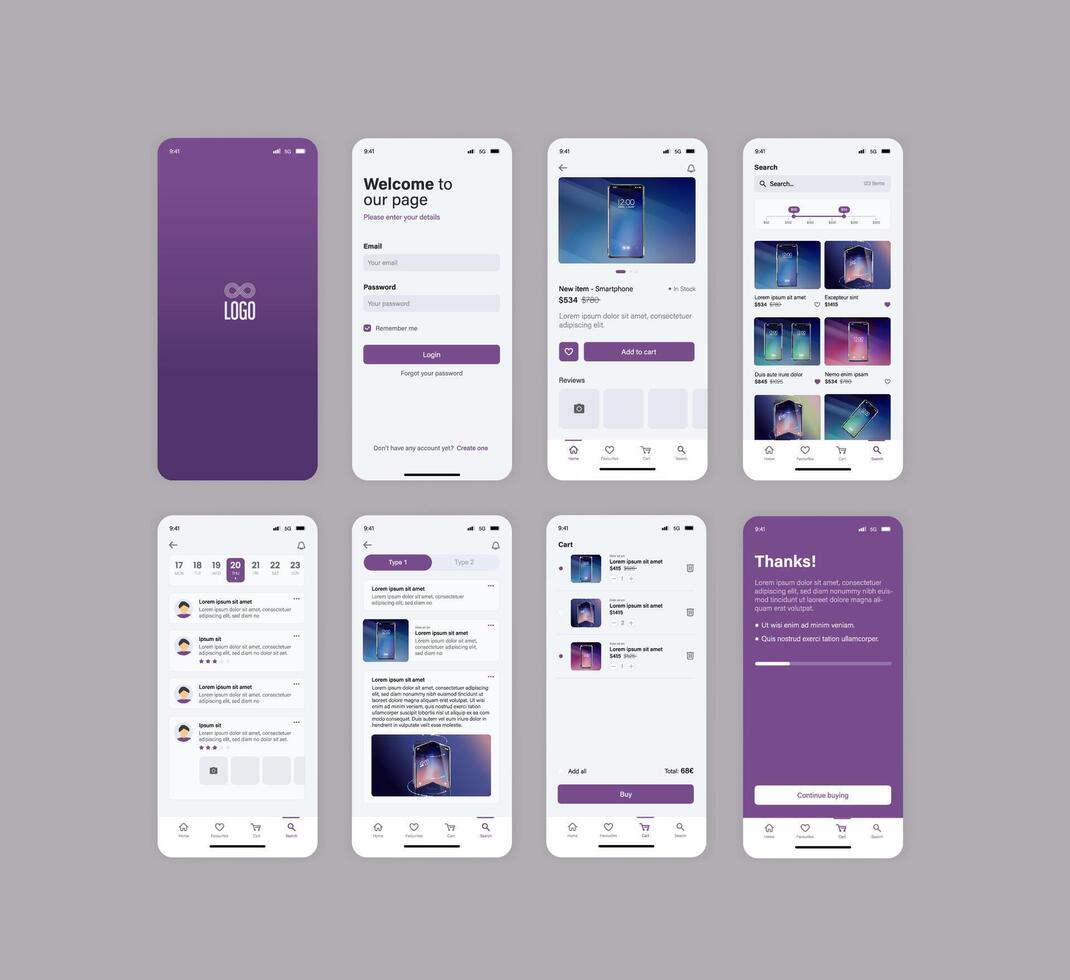 Smartphone UI app. Phone screens for shop application. Mobile interface with account login and shopping cart. Screenshots responsive website mockups. vector