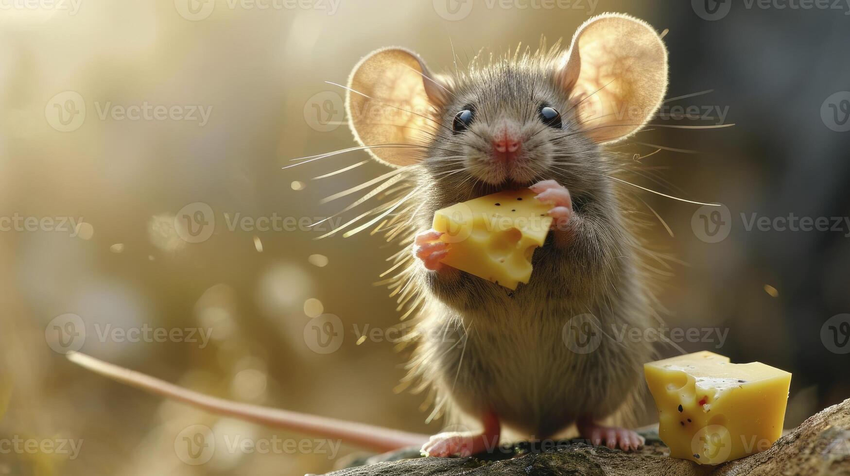 a mouse with a piece of cheese in it's hand and a piece of cheese in the other hand. photo