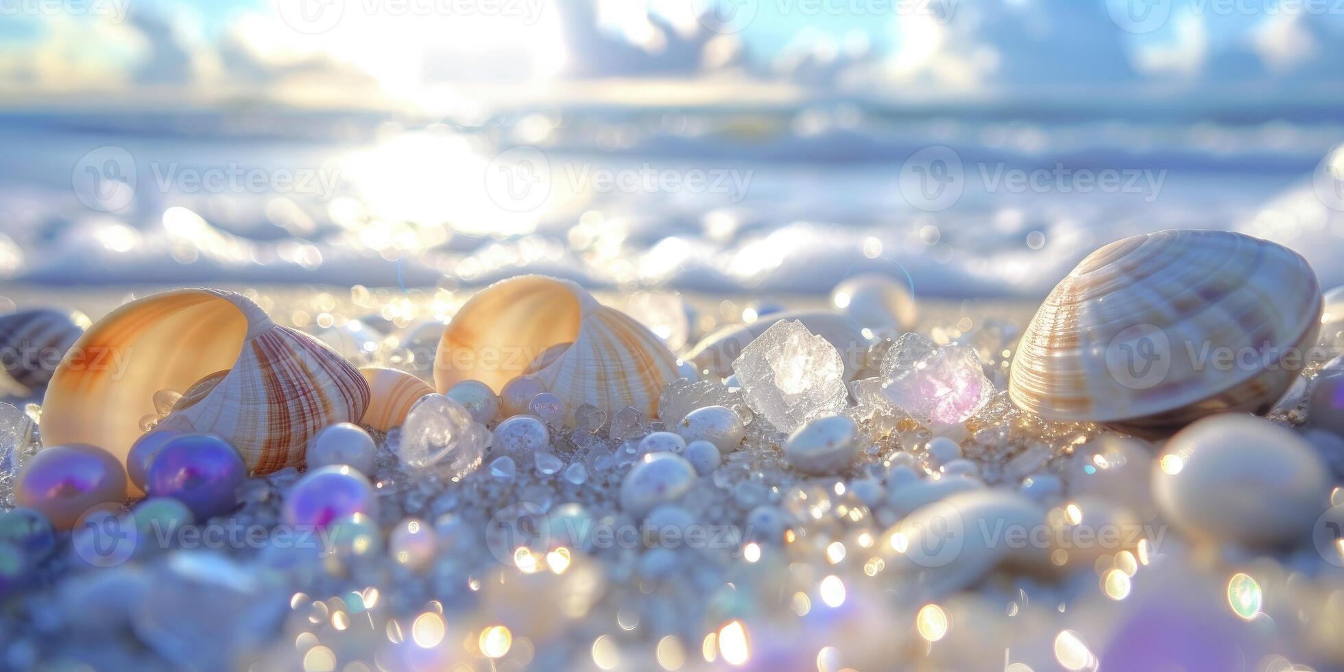 Magical Beachscape Glittering Blue Sky with White Clouds, Pearls and Many Beautiful, Colorful, Shiny Large Shells. photo