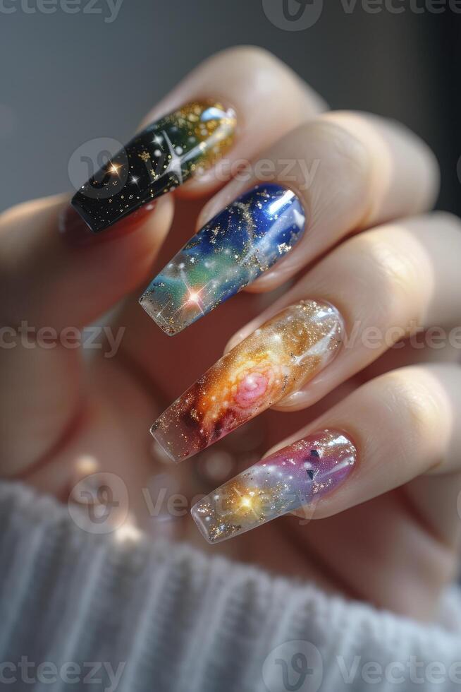 Nail Art Inspired by Meteor and Nebula, Featuring Quantum Wave Tracking Elements. The Design Radiates Luxury with Sparkling Glitter Accents. photo