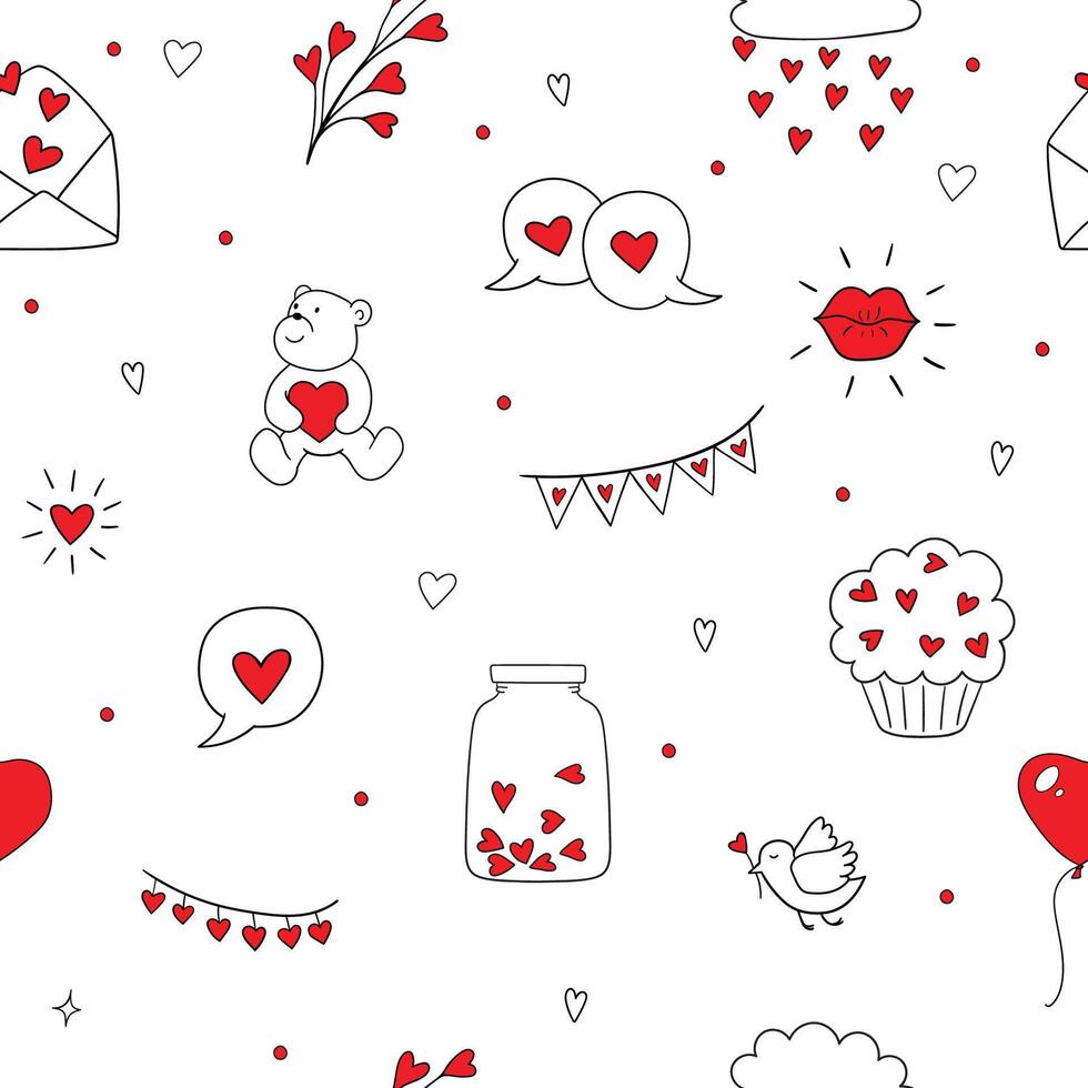 Design for fashion textile print, wrapping and valentines day backgrounds. Seamless pattern with love symbols. hearts, teddy bear. banner, romantic chat vector