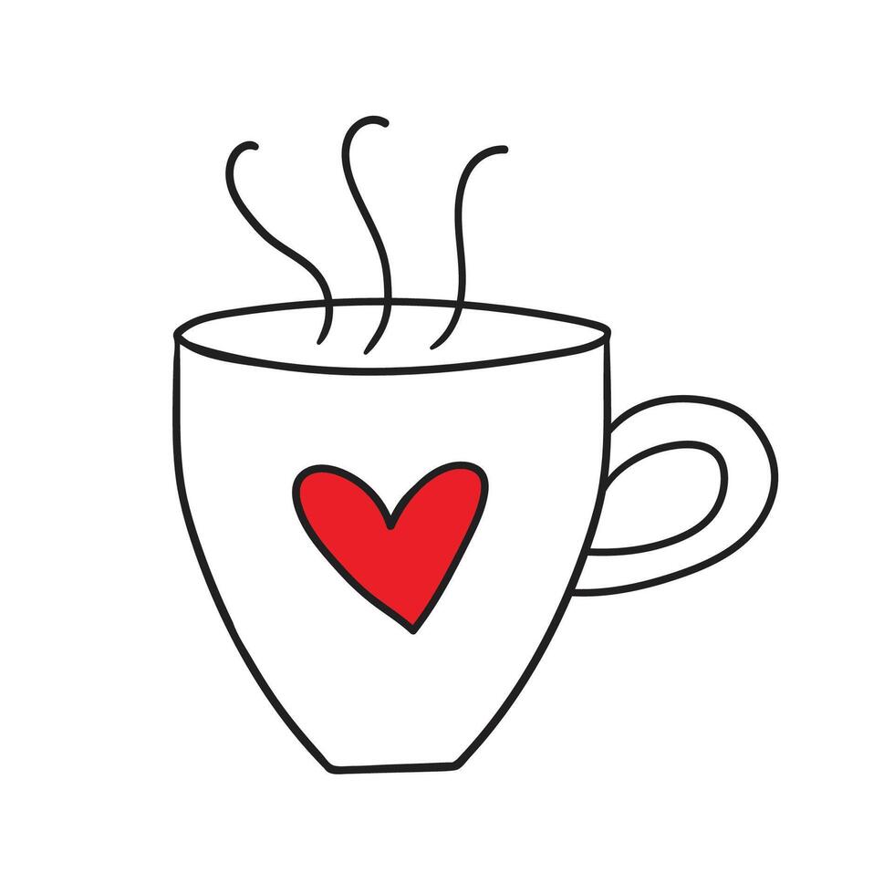 Illustration of a cup with hot tea. Outline drawing. hand drawn cup with heart clipart. Hand drawn outline drawing vector