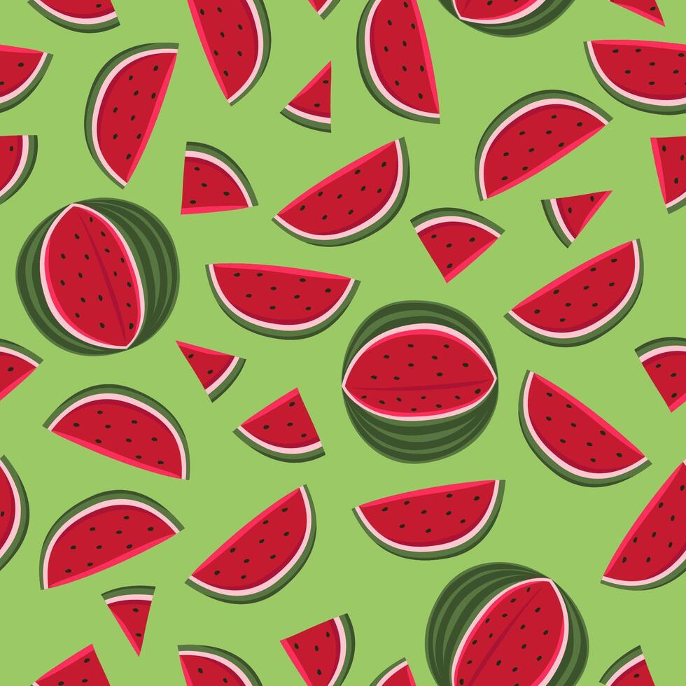 Seamless pattern with watermelon and leaves on a green background. vector