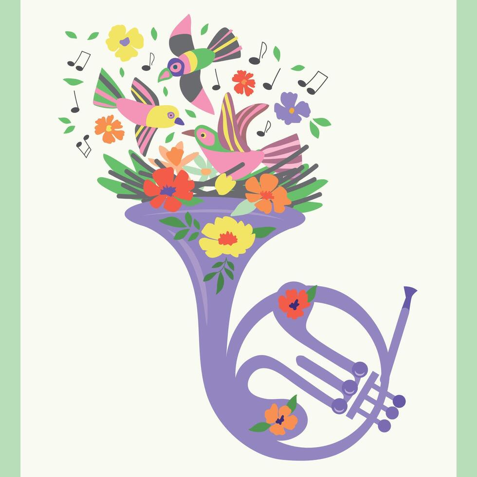 Spring illustration with a French horn with a nest, birds, snowflakes, notes, flowers. Green, pink colours. For postcards, concert invitations, banners, posters vector
