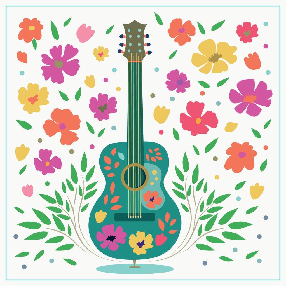 Artistic illustration with a six-string blue guitar on a spring background with leaves and flowers. vector