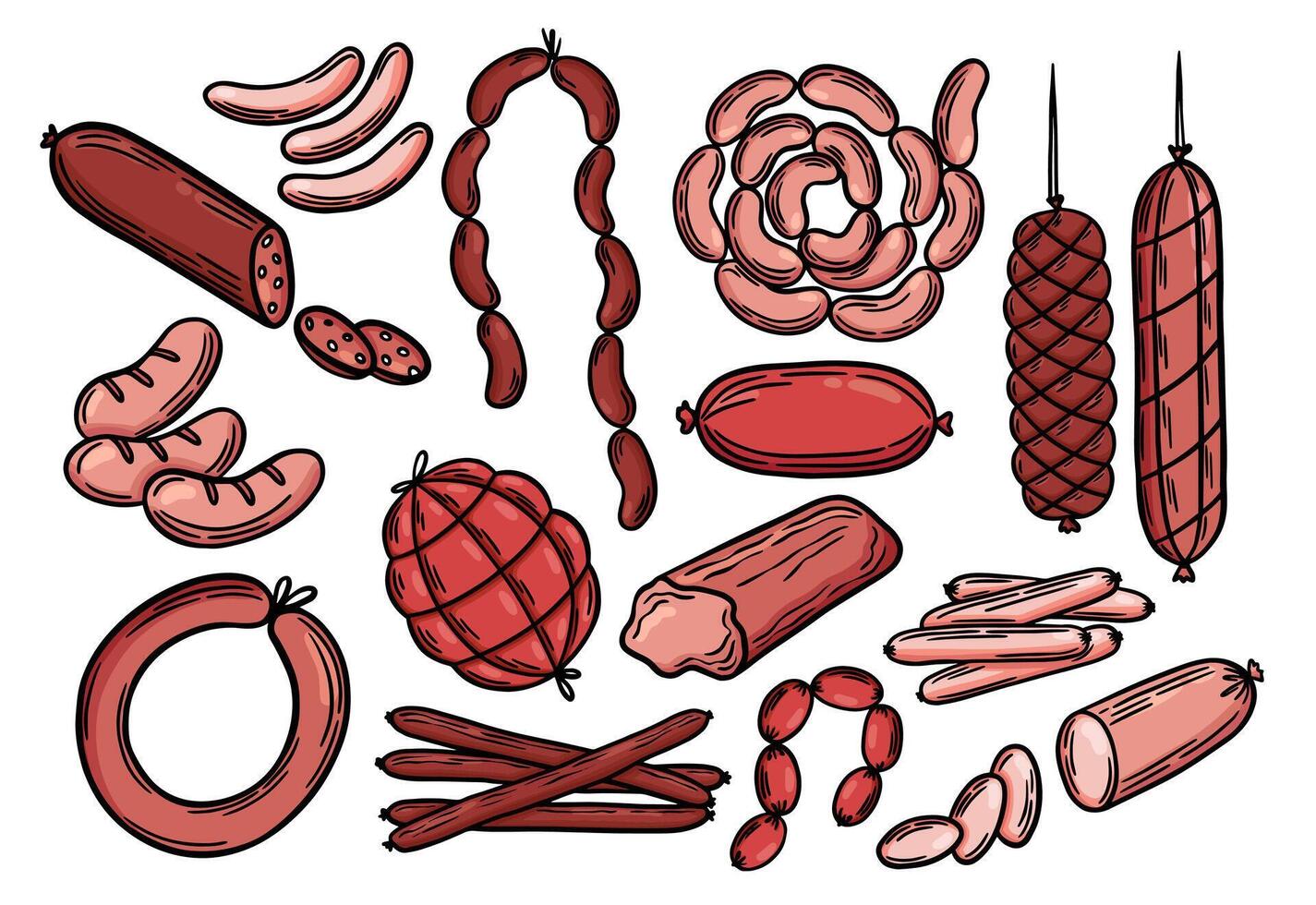 Different types of sausages detailed coloured outline. Sausage engraving, line art illustration. Meat products vector