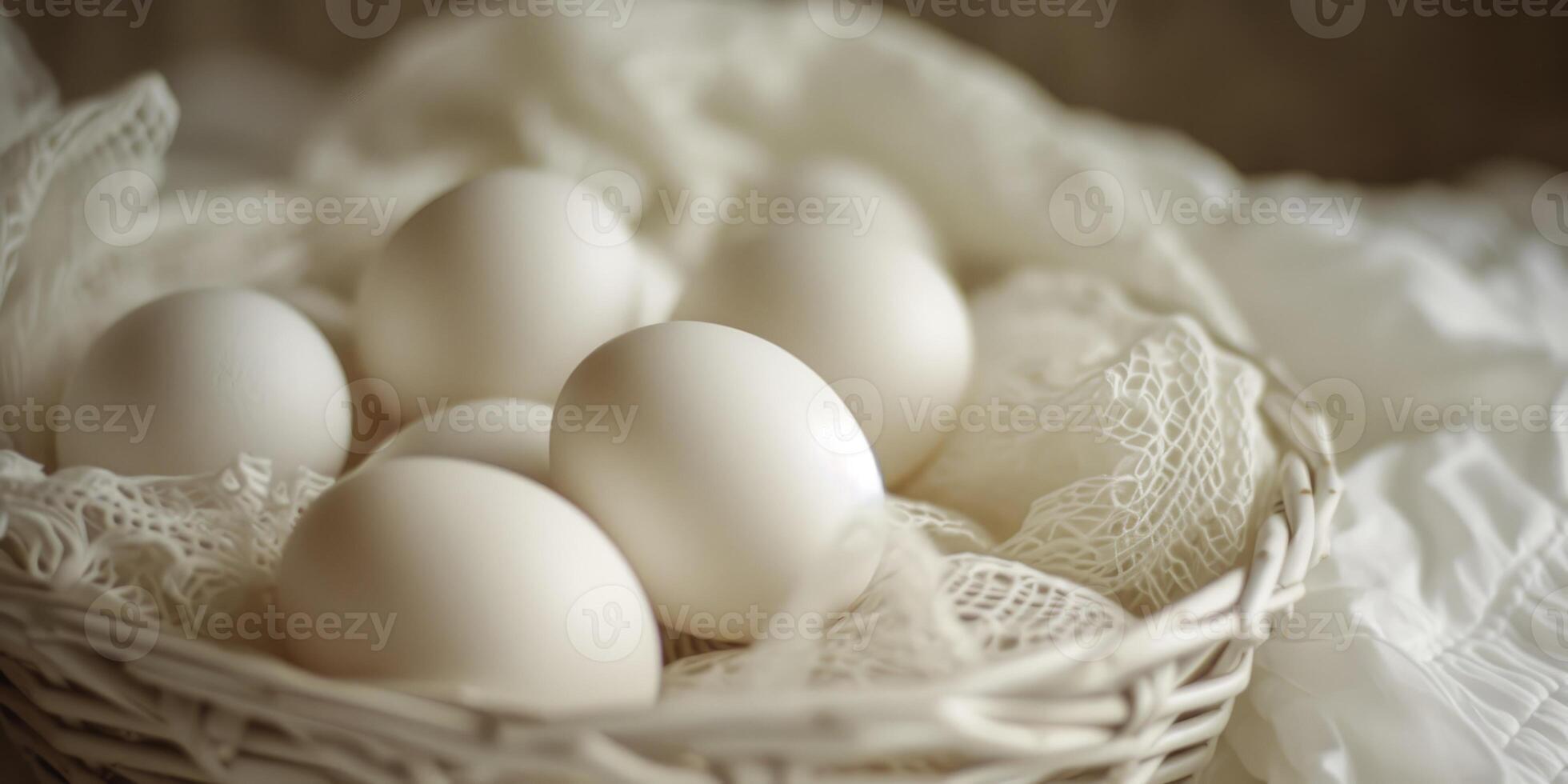 A Basket Brimming with Fresh White Eggs, Capturing the Essence of Farm-Fresh Simplicity and Culinary Potential. photo