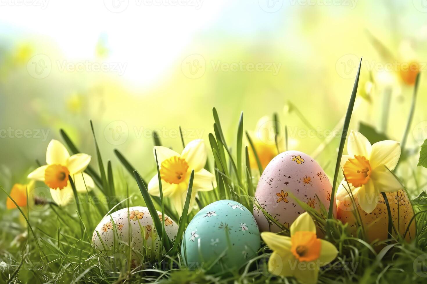 Colorful easter eggs in grass with happy easter background photo