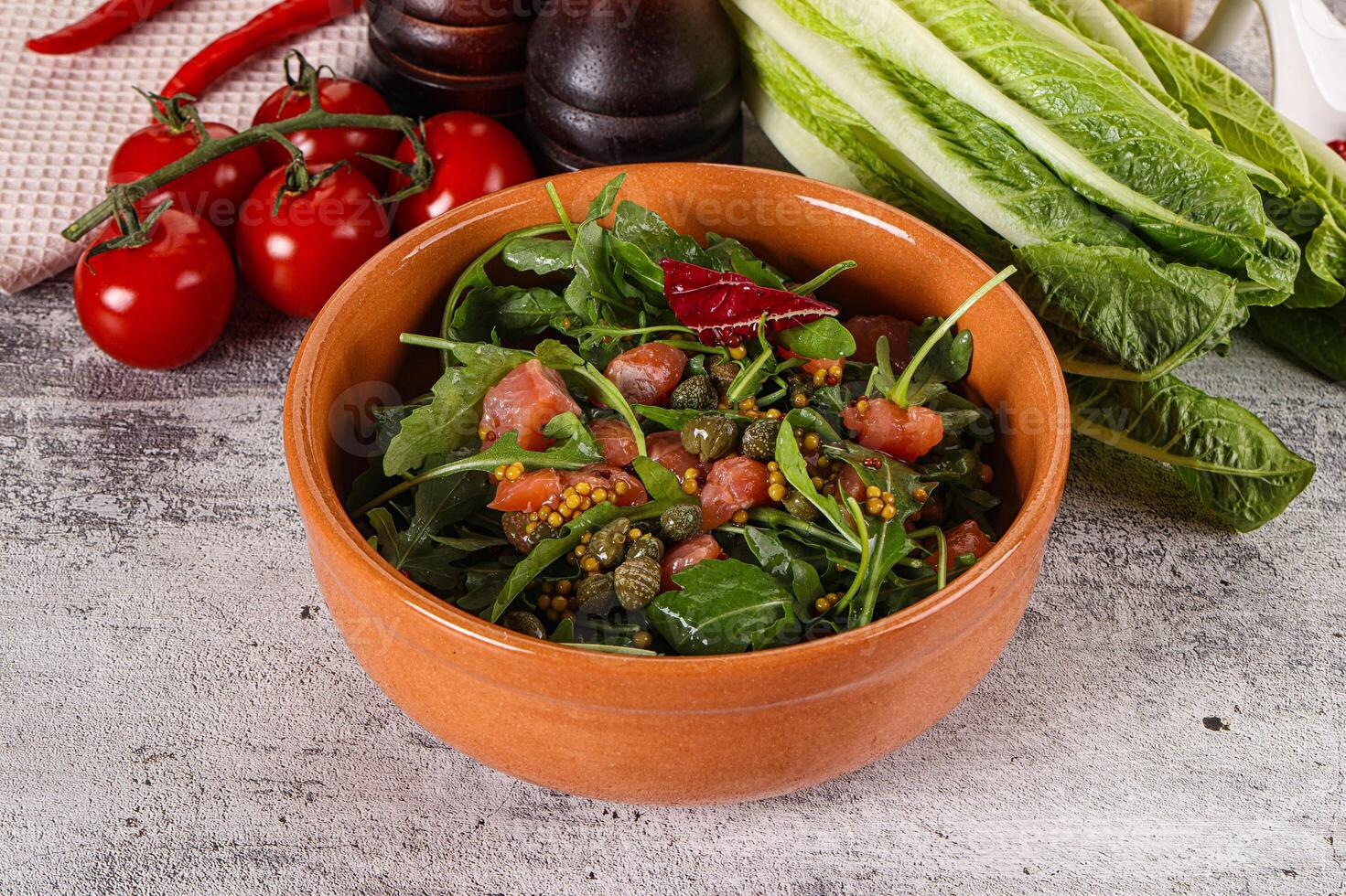 Salad with salmon and arugula photo