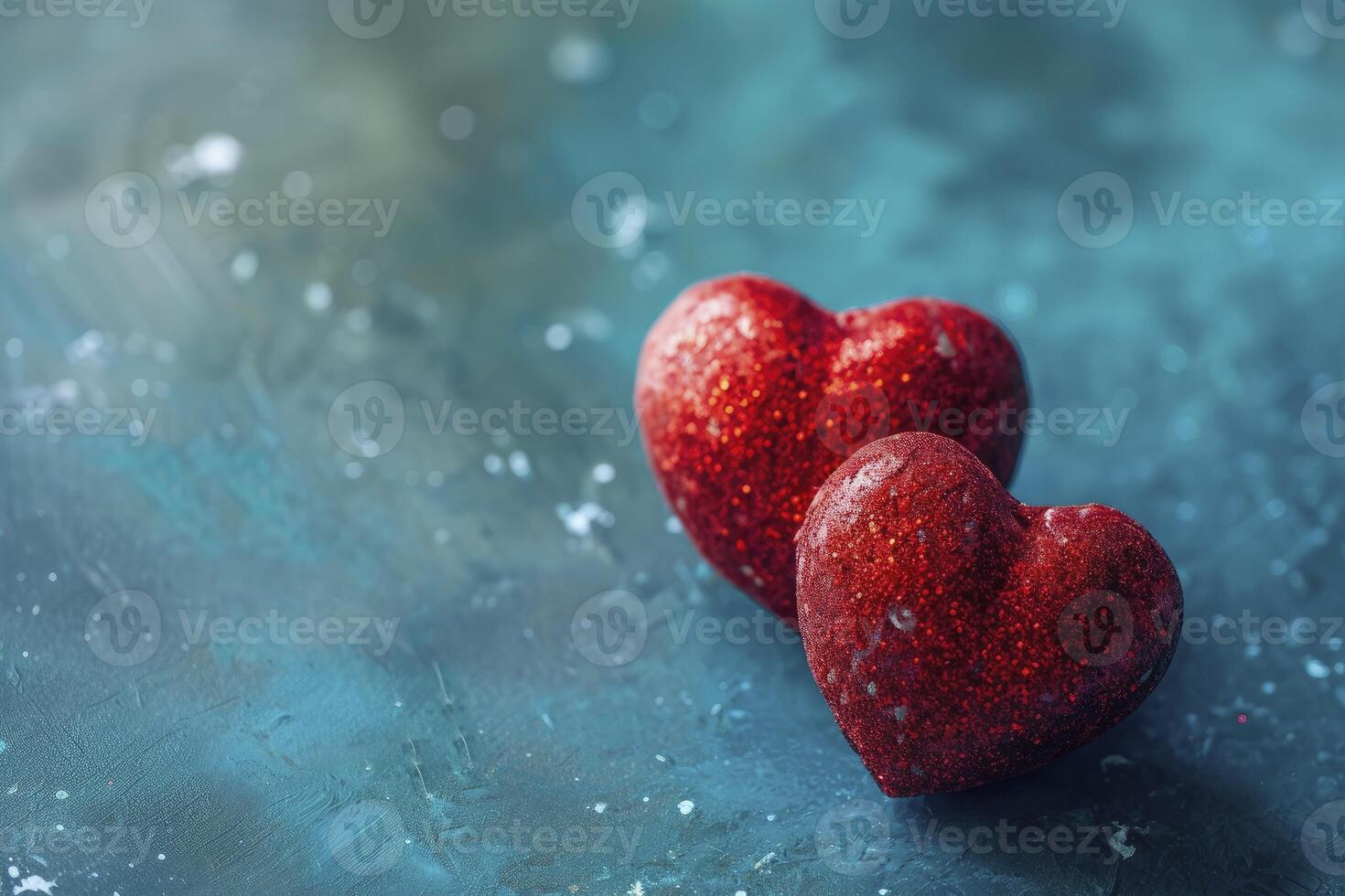 Valentines Day concept two red hearts on a blue background photo