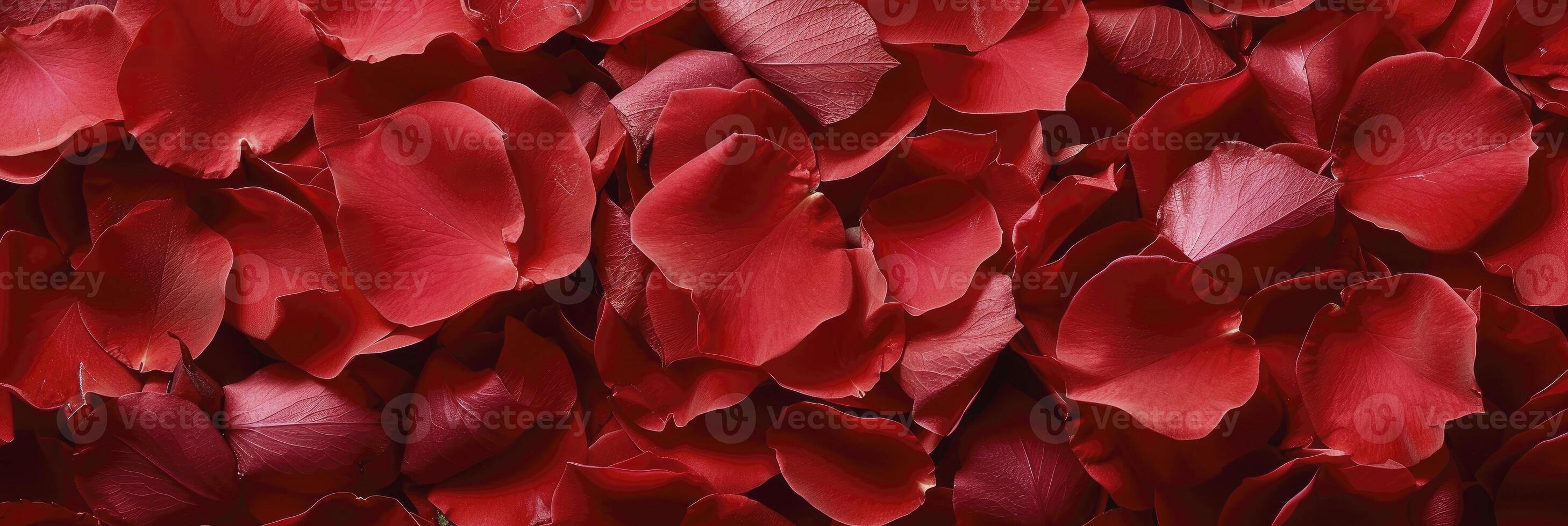 Top-View Composition of Beautiful Red Rose Petals, Creating a Stunning Background with a Touch of Timeless Beauty. photo