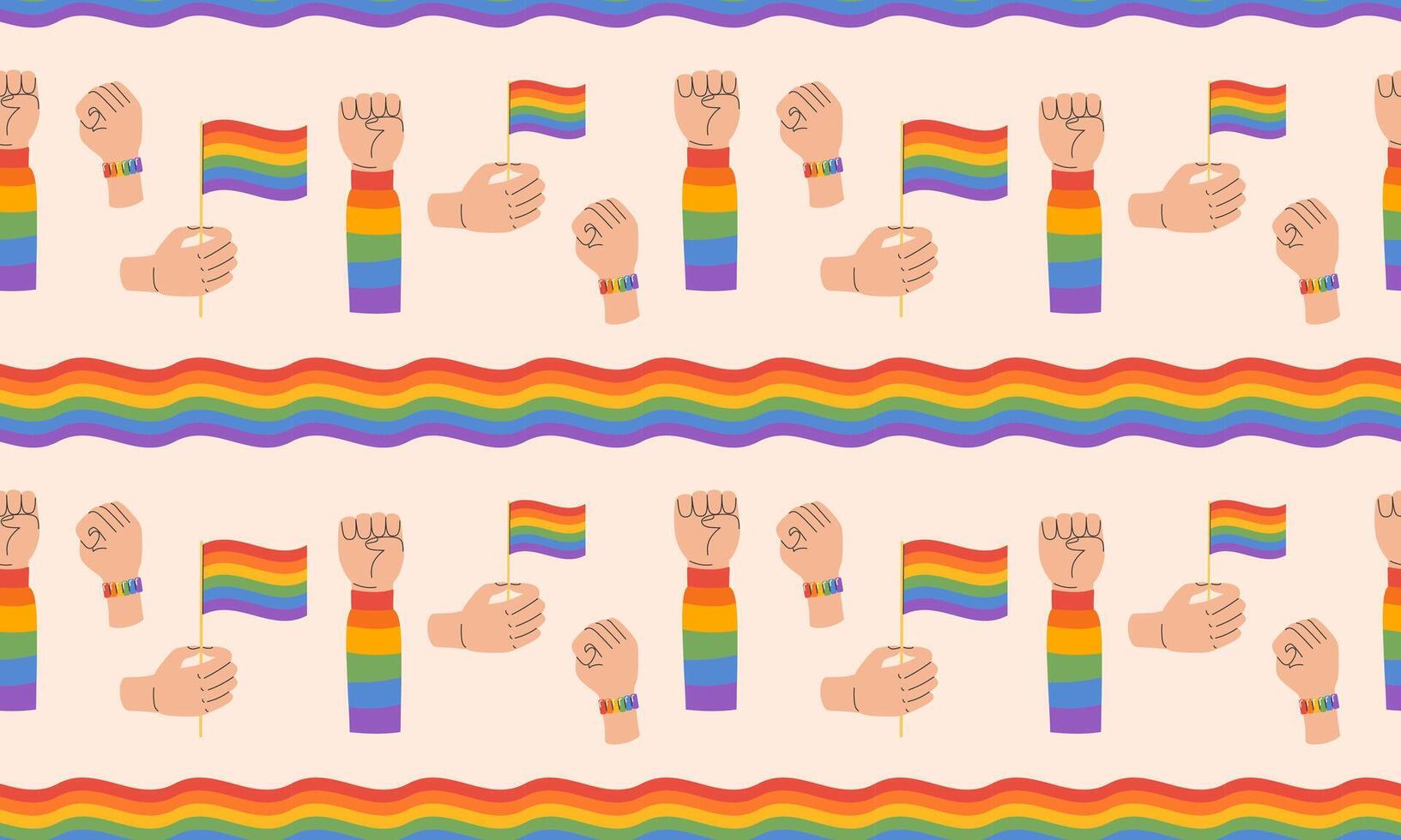 Seamless pattern with Symbol of LGBTQ pride community. Hand holding rainbow LGBT flag. Raised fist gesture. LGBT pride month. illustration vector