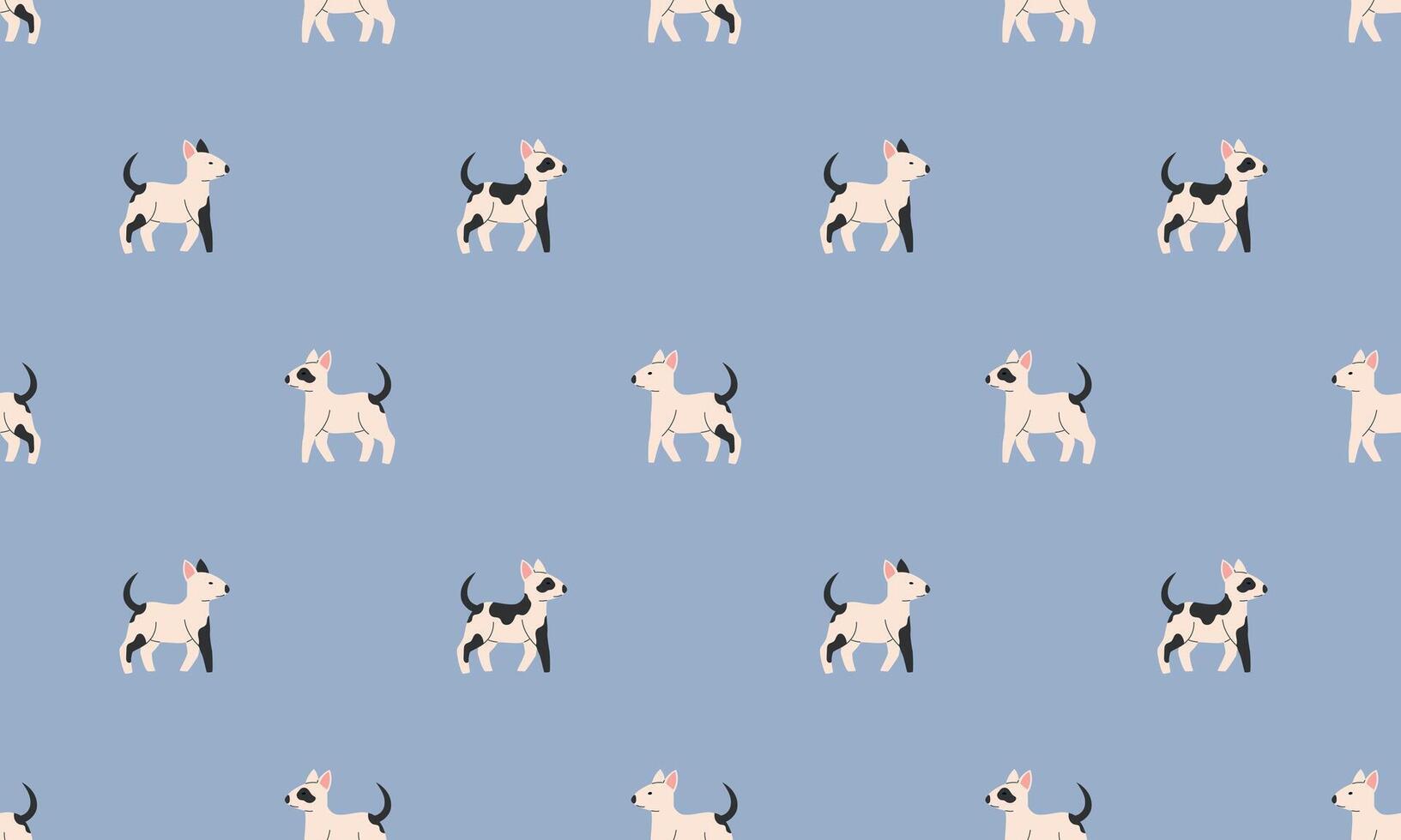 Seamless pattern with Cute Bull Terrier. Dogs of different breeds. Side view. Flat illustration isolated on blue background vector