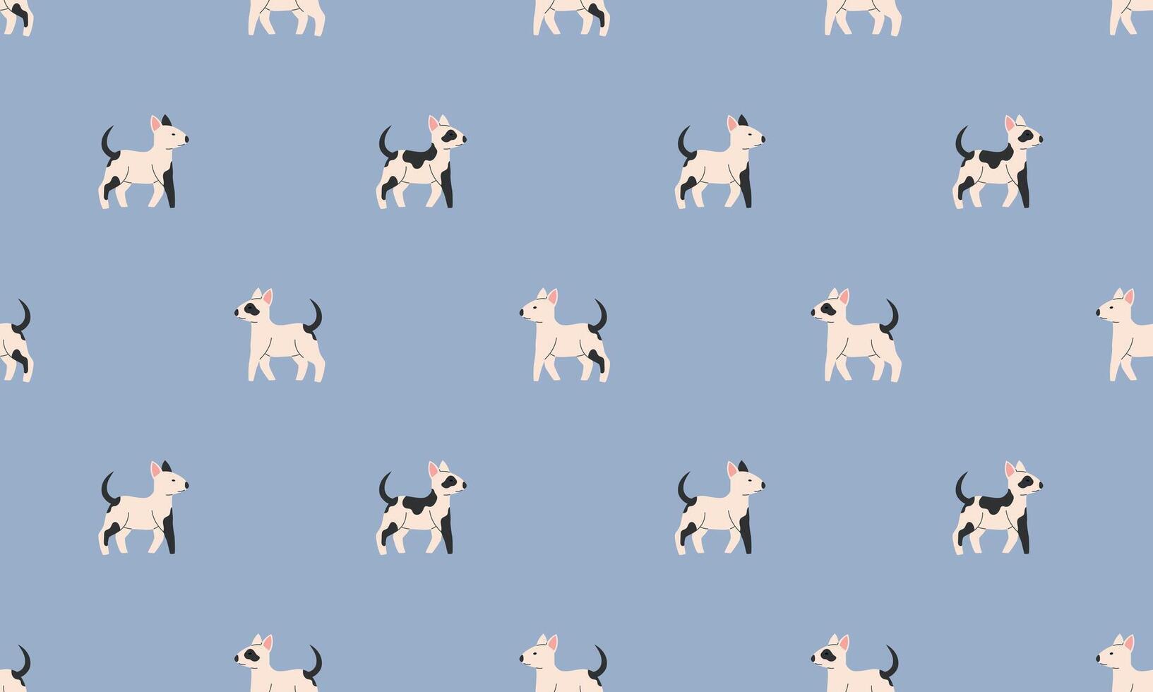 Seamless pattern with Cute Bull Terrier. Dogs of different breeds. Side view. Flat illustration isolated on blue background vector