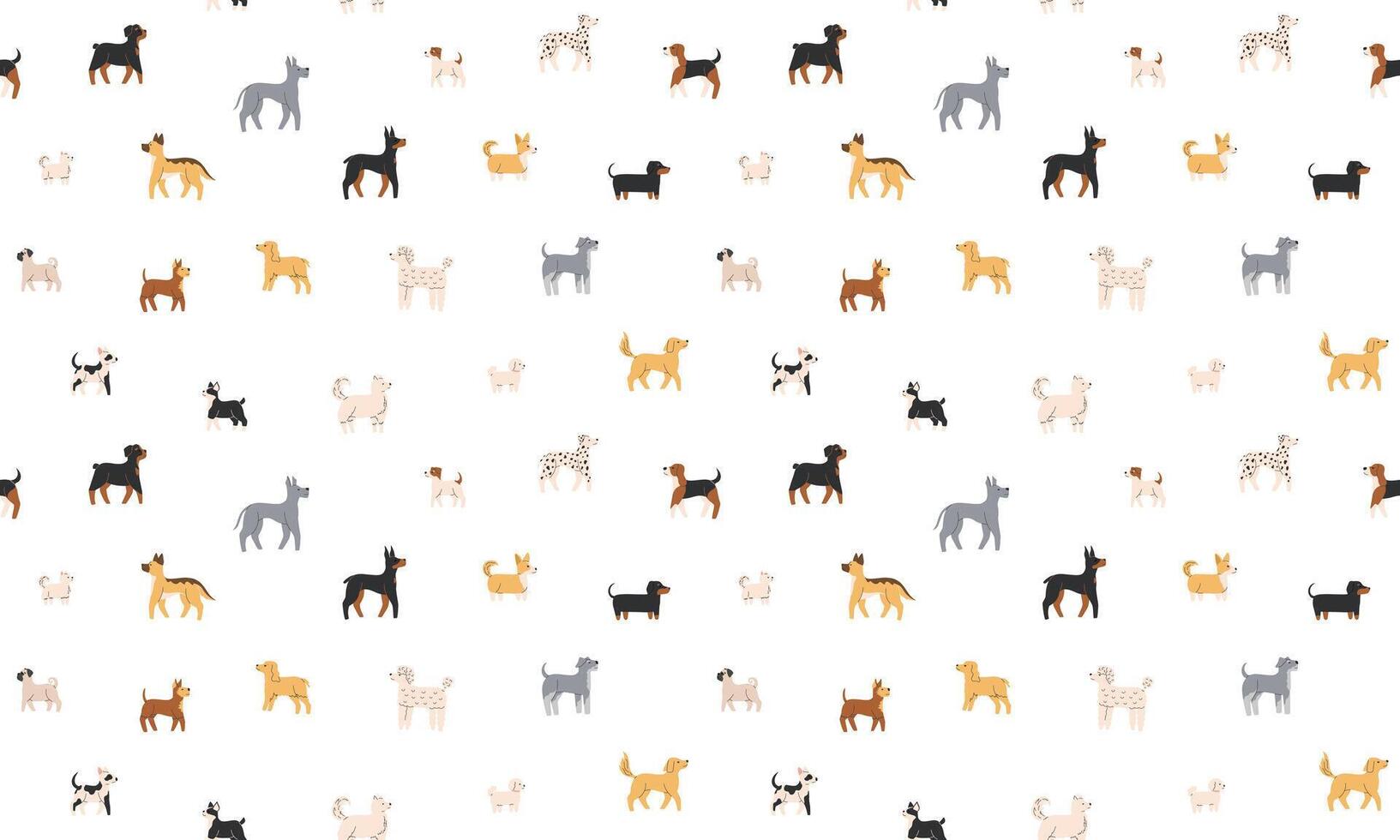 Seamless pattern with walking dogs of different breeds. Side view. Flat illustration isolated on white background vector