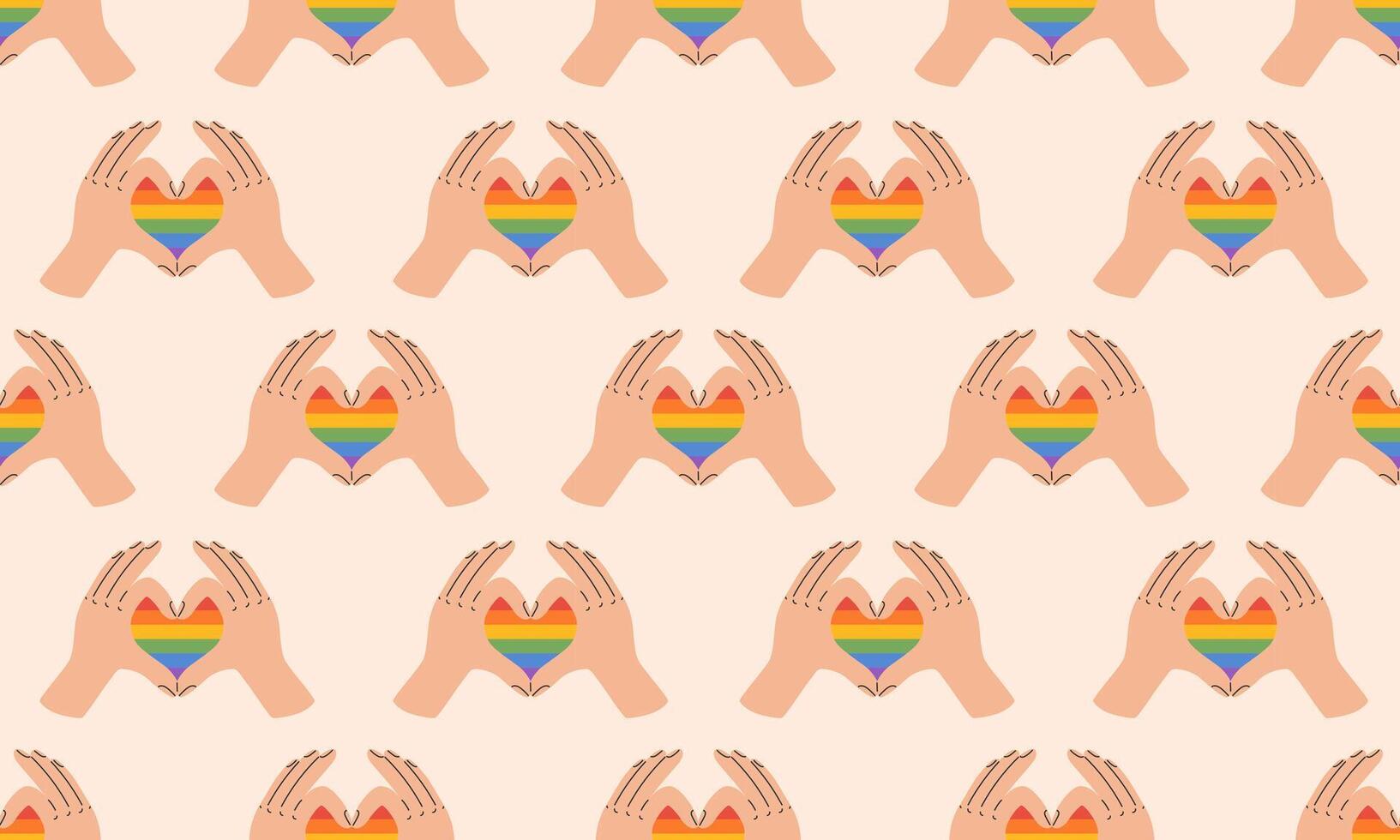 Seamless pattern with Symbol of LGBTQ pride community. LGBT heart hands showing love. Finger heart gesture. LGBT pride month. Rainbow background. illustration vector