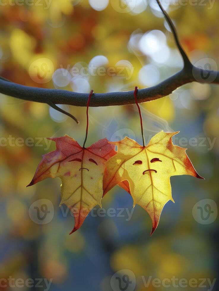 Close-up Shot, Two Anthropomorphic Maple Leaves Holding Hands, a Heartwarming Display of Natures Embrace. photo