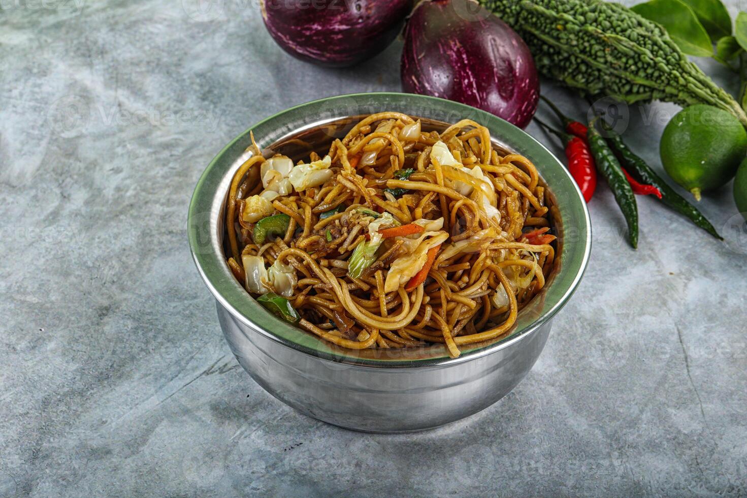 Stir fried noodles with vegetables photo