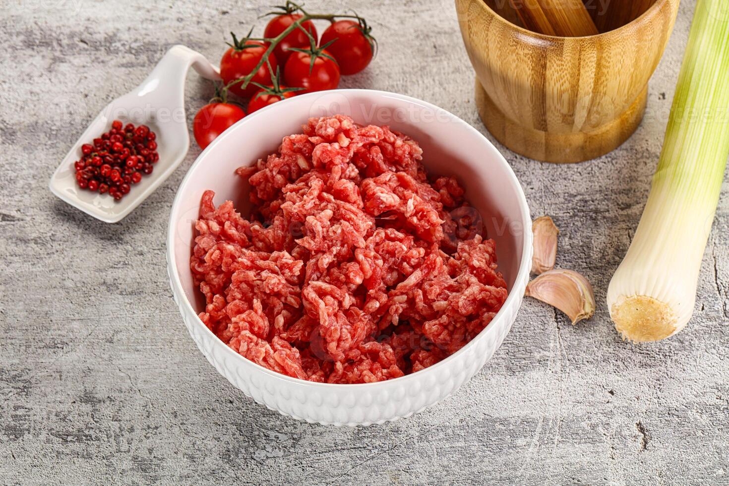 Minced beef meat in the bowl photo