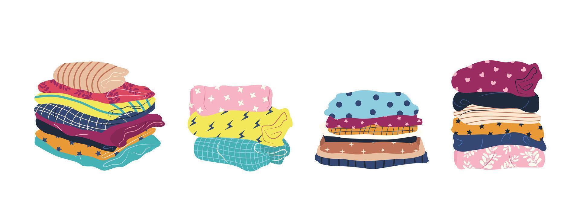 Stack of clean and ironed items of clothing. Set of folded multicolored clothes, apparel and garments, including sweaters, scarf, shirts, blanket. Isolated illustrations on a white background. vector