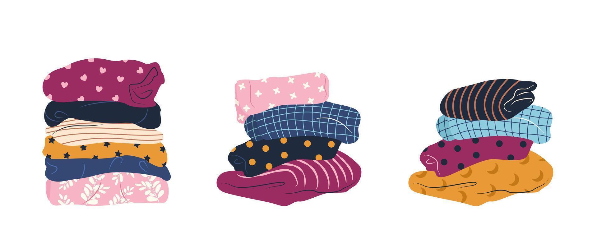 Stack of clean and ironed items of clothing. Set of folded multicolored clothes, apparel and garments, including sweaters, scarf, shirts, blanket. Isolated illustrations on a white background. vector