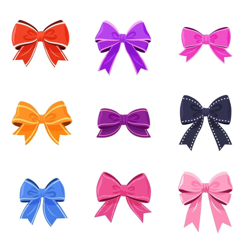 Multicolored bowknot collection. isolated ribbons and gift bows on a white background. These festive illustrations can be used for decoration, celebrations, weddings, and party designs. vector