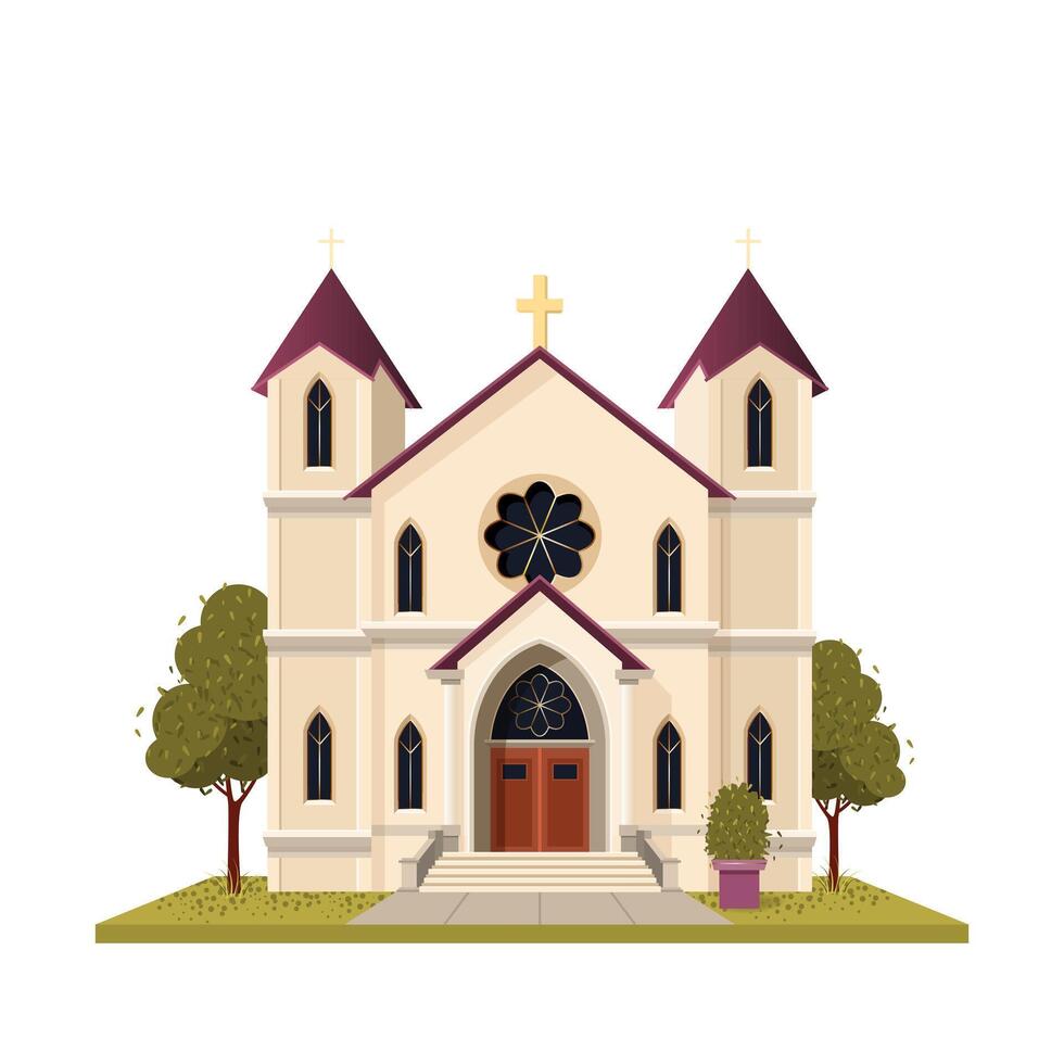 católico Iglesia edificio. aislado ilustración adecuado para mapas, huellas dactilares, infografía, saludo tarjetas y carteles un hermosa histórico fachada de catedral en un blanco antecedentes. clipart. vector