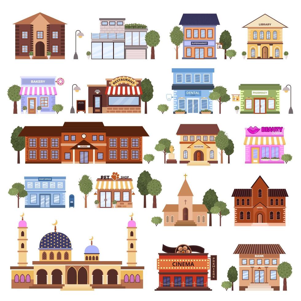 Set of various flat urban building icons. Isolated municipal library, bank, pharmacy, post office, school, pet shop, museum, bakery, mosque, beauty salon on a white background. illustrations. vector