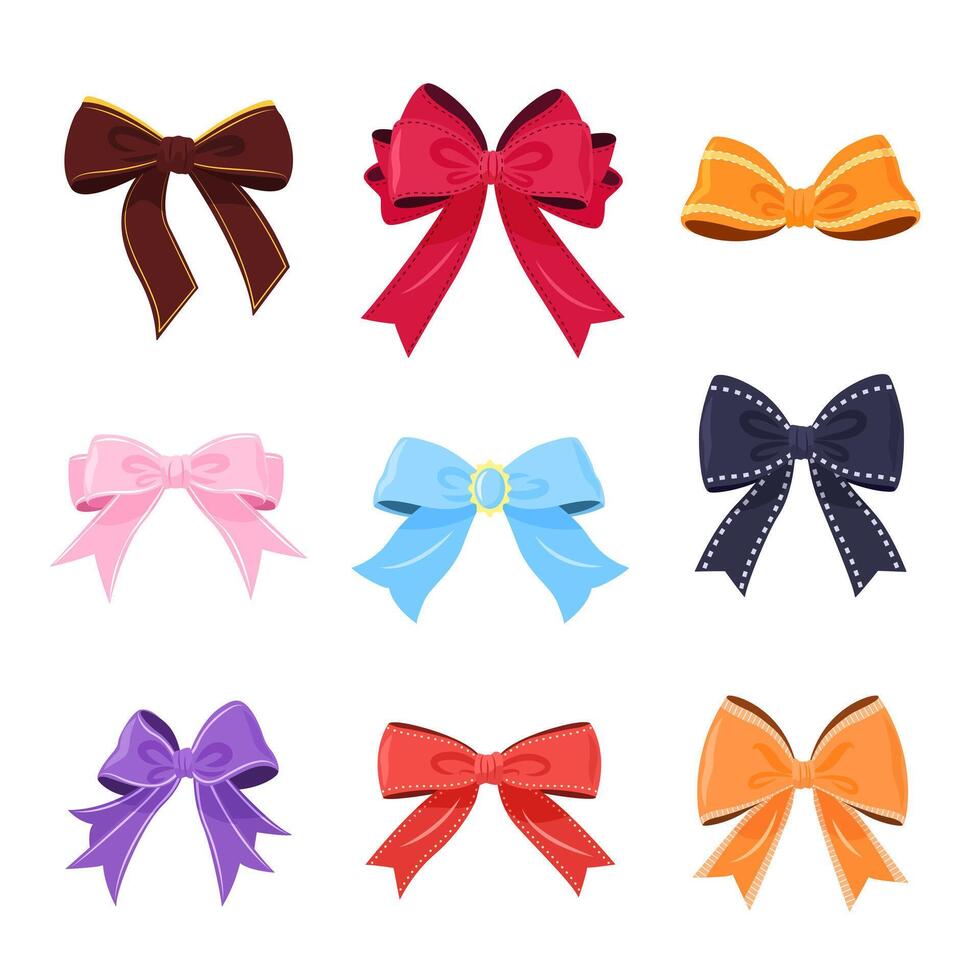 Multicolored bowknot collection. isolated ribbons and gift bows on a white background. These festive illustrations can be used for decoration, celebrations, weddings, and party designs. vector