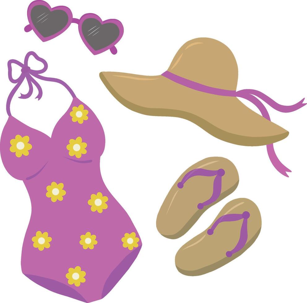 un conjunto de verano cosas para relajante a mar. traje de baño, chancletas, sombrero y Gafas de sol. un plano dibujos animados ilustración en un blanco antecedentes. vector