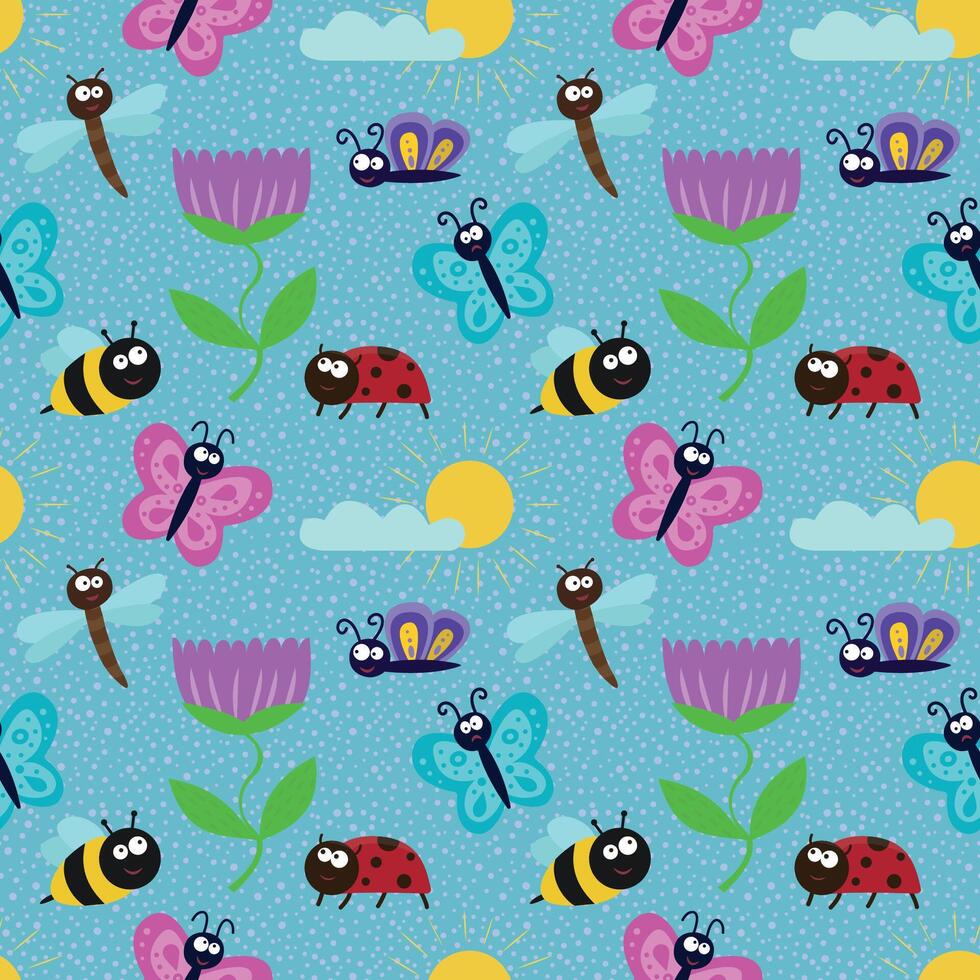 Cute seamless pattern with insects and flowers. A design element for printing on fabric. Bees, ladybugs, butterflies, caterpillars, dragonflies and plants. Cartoon flat illustration vector