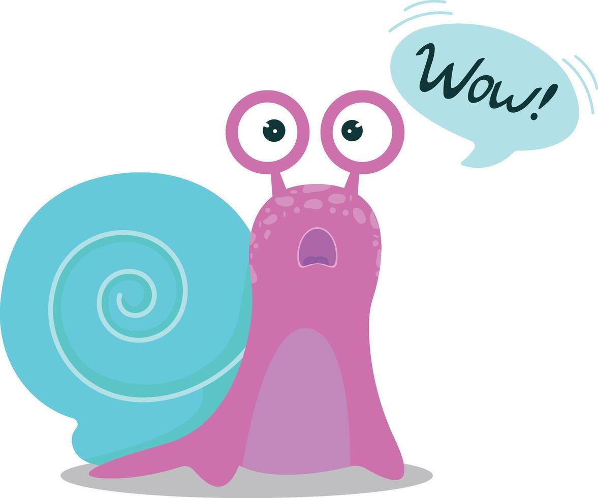 A cute surprised snail with the inscription wow. A cartoon character. Stock illustration. A cute surprised snail with a rolled-up shell. Kawaii cartoon character. Illustration. vector