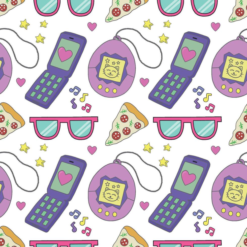 Seamless pattern with tamogochi, mobile phone, glasses and other items in the colorful style of the 80s and 90s. Commercial illustration. vector