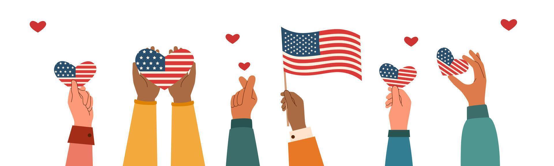 personas mano participación americano bandera y corazones. monumento día y independencia día concepto. vector