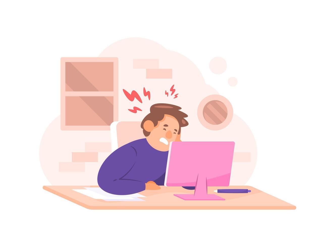 illustration of a man feeling a headache. headache and dizziness when working. headaches from working too long. health problems in workers or employees. flat style character illustration design vector