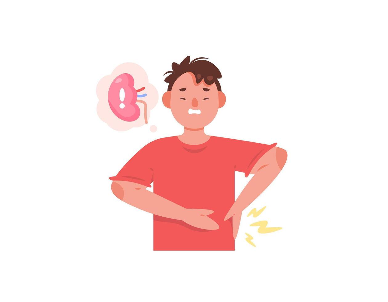 un hombre siente dolor en el estómago y cintura. enfermos de riñón fracaso o renal insuficiencia. infección de el riñones estómago dolor. enfermedades y salud problemas. personaje ilustración diseño vector