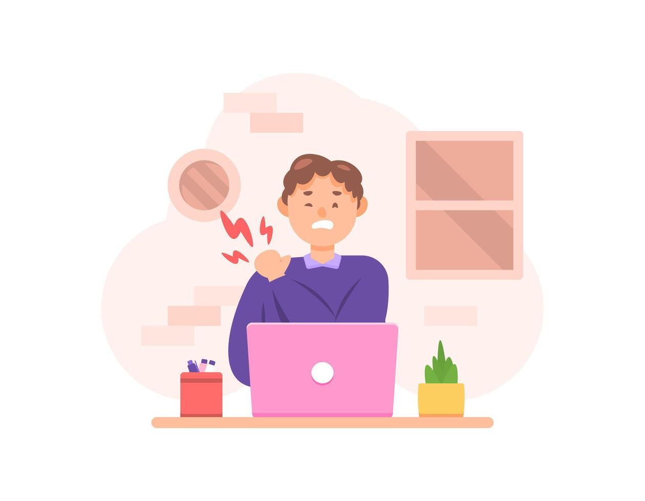 illustration of a man feeling pain in his shoulder. shoulder pain when working. Shoulder muscles are sore and stiff due to working too long. health problems in workers or employees. character vector