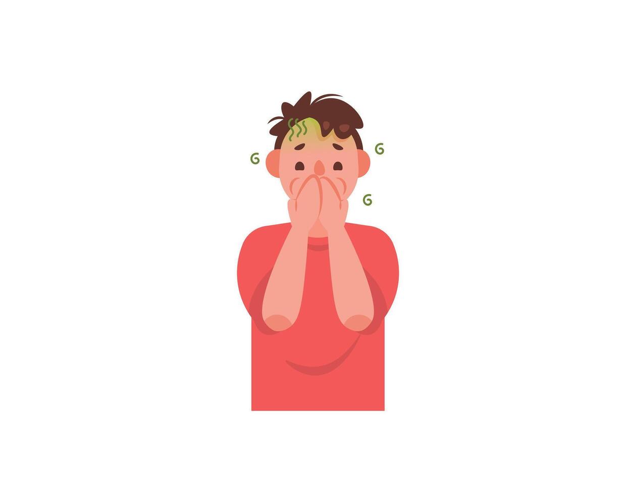 a man covers his mouth because he wants to vomit. keep from vomiting. dizziness, nausea and wanting to vomit. sick, not feeling well. diseases and health problems. character illustration design vector