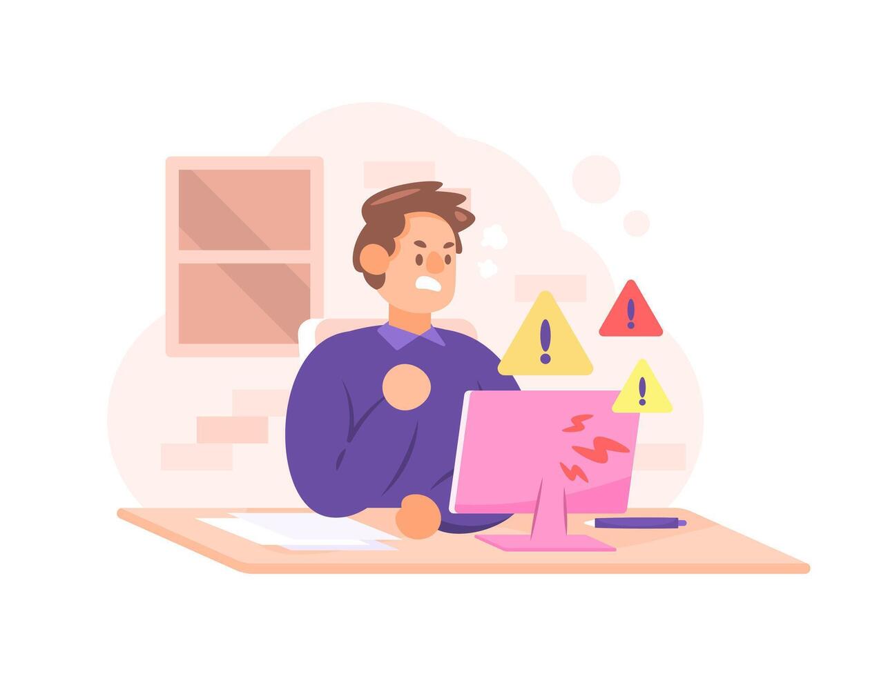 illustration of a man who is annoyed and angry because his computer has a problem. The computer has an error or is damaged while using it for work. problems while working. character illustration vector