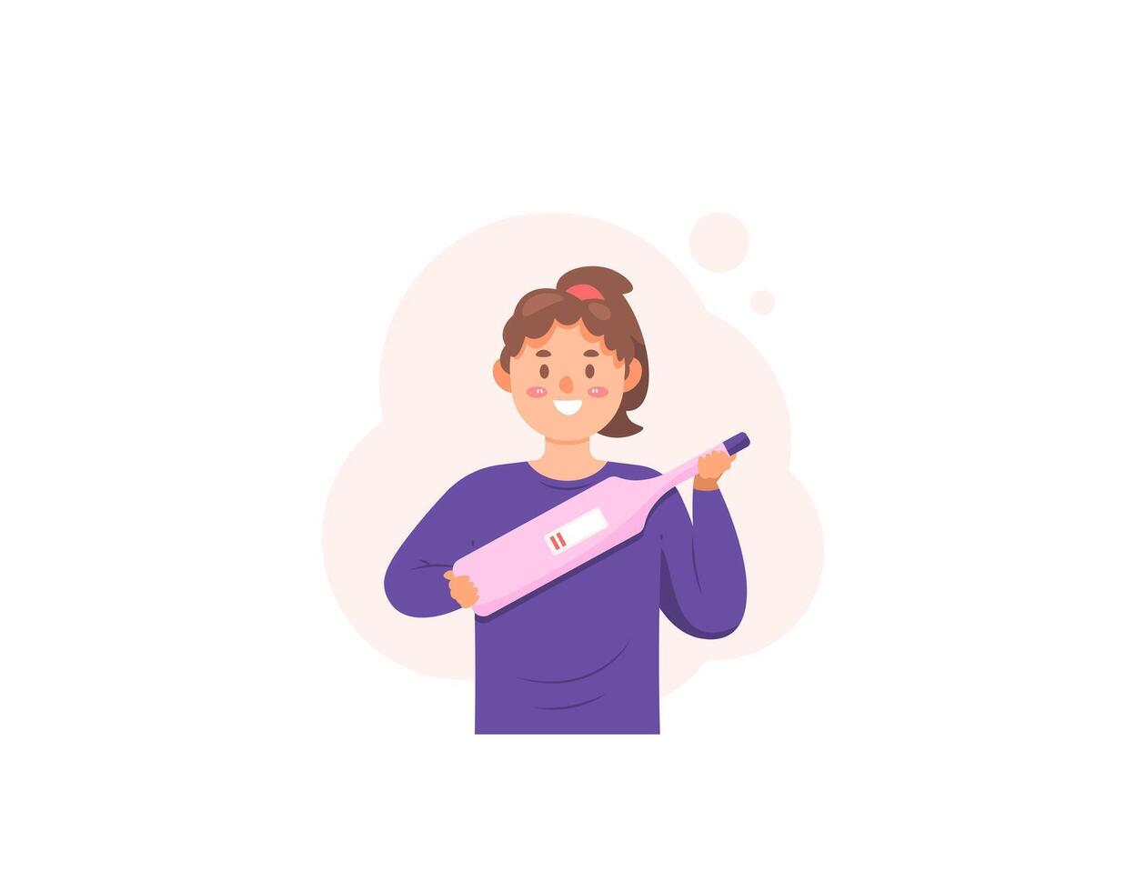 un mujer es contento porque el prueba paquete resultados son positivo. mujer participación el embarazo prueba equipo. positivo embarazada. contento expresión. plano estilo personaje ilustración diseño. gráfico elementos vector