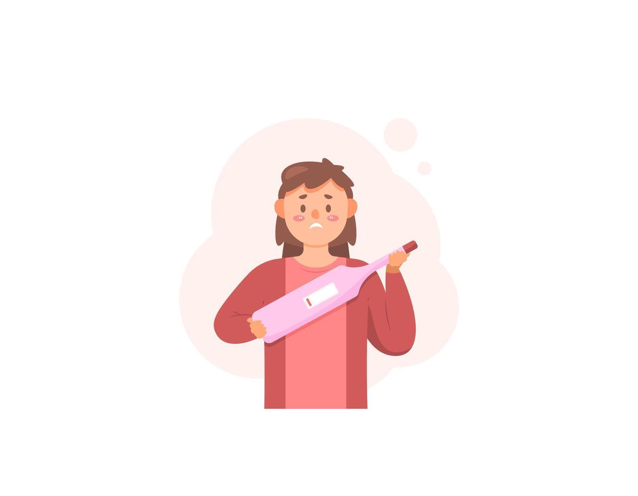 illustration of a woman who is unhappy because her pregnancy test result is negative. holding a pregnancy test kit. line one test pack results. negative for pregnancy. the expression of a sad woman vector