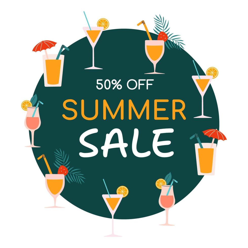 Handdrawn sale banner in round shape. Design of summer fruit cocktails. vector