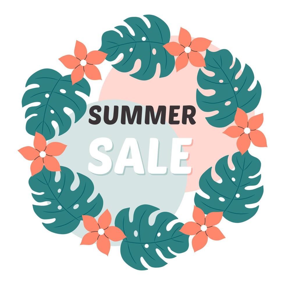 Handdrawn banner for summer sale. Design with palm leaves and tropical flowers. vector