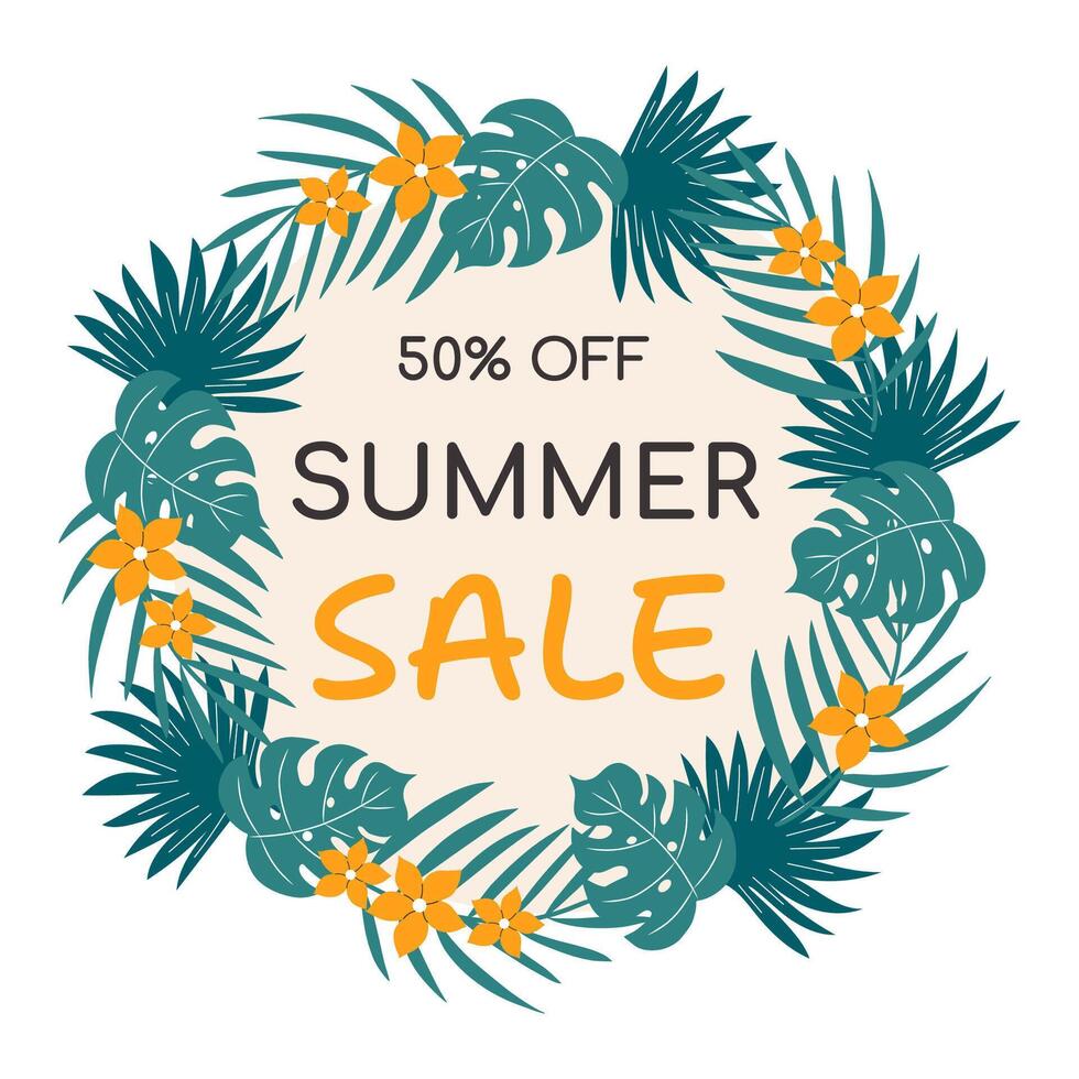 Handdrawn banner for summer sale. Design with palm leaves and tropical flowers. vector