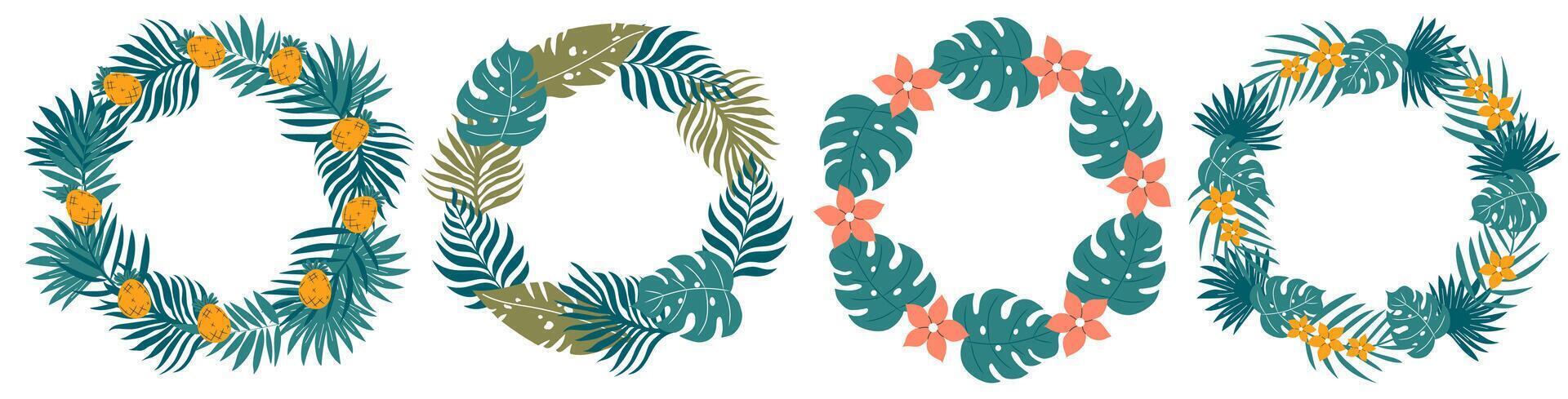 Set of handdrawn circle summer borders. Wreath with palm leaves, tropical flowers, pineapples. vector