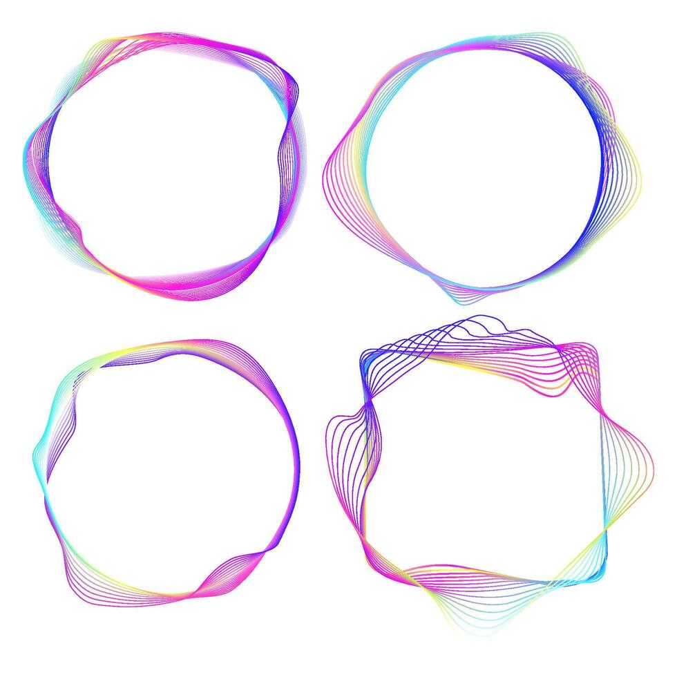 Neon glowing round and square curve shape with wavy dynamic lines on white background. Round light frame. Shiny gradient flowing lines shapes for badges, price tag, label. illustration vector